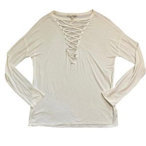 EXPRESS One Eleven White Lace-Up V-Neckline Long Sleeve Tee